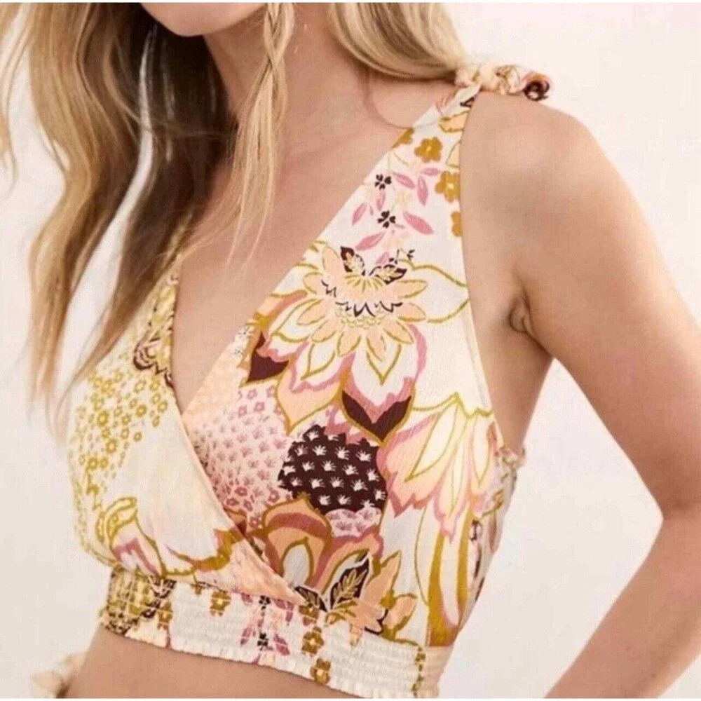 Free People Weekend In Montauk Floral Print Cropped‎ Tank Top Size Small